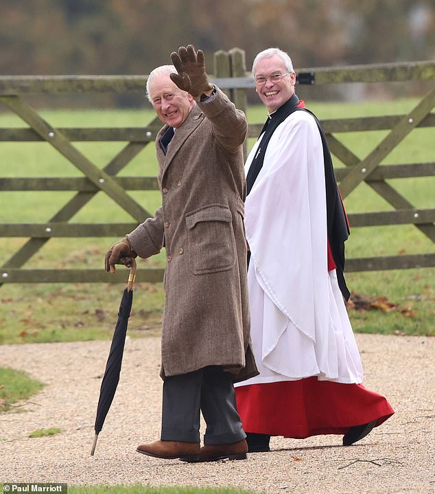 At the heart of the dispute is Rev Canon Paul Williams, the King's Domestic Chaplain, who took up his post on 2023 after moving from Tewkesbury Abbey. Pictured: King Charles III with Rev Canon Paul Williams as he attends the Sunday service at St. Mary Magdalene church in Sandringham, Norfolk, UK, on 26th November, 2023