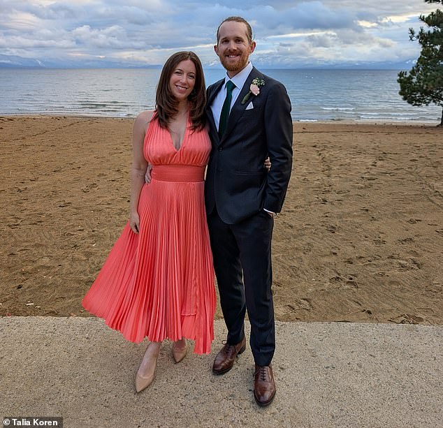 Pictured: Koren and John dressed up for a beachside wedding