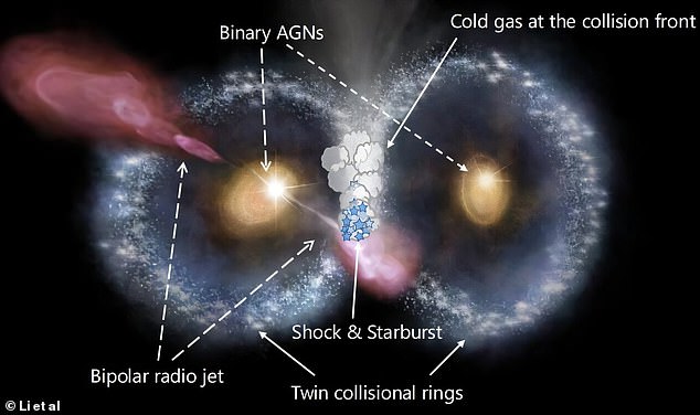 The schematic artistic view of the Cosmic Owl, consisting of twin collisional ring galaxies with binary active galactic nucleus (AGN)