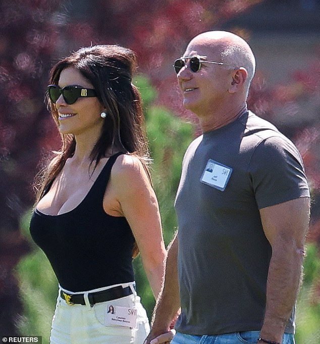 In photos of Jeff Bezos from the 'billionaire summer camp' in Sun Valley, Idaho, this week, he appears to have thick white-grey hair around the sides of his scalp