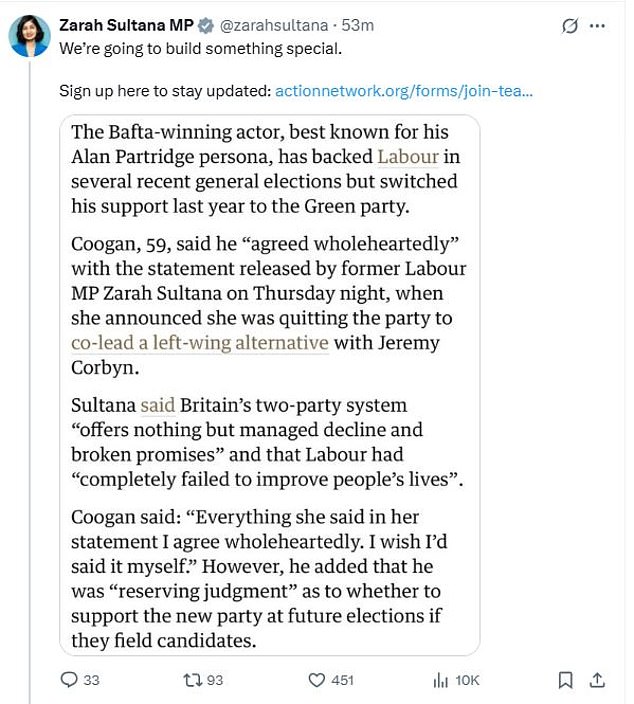 The Coventry South representative re-distributed a sign-up form on her X account this afternoon insisting 'we're going to build something special'