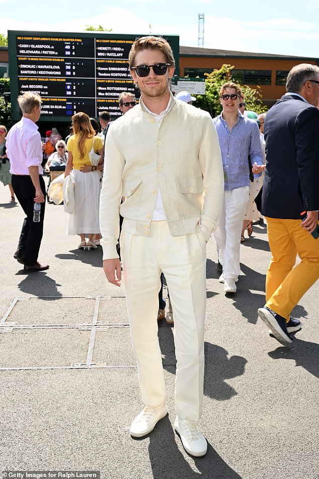 Joe Alwyn, 34, looked suave in head-to-toe white as he led the stars attending day 10 at Wimbledon on Wednesday