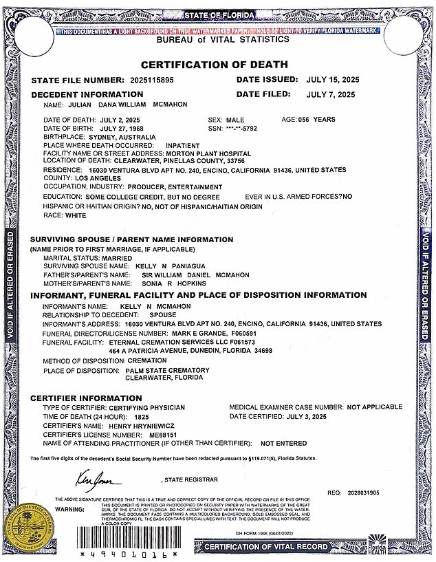According to his death certificate, McMahon died as an inpatient at Morton Plant Hospital. The document also lists his residence as Encino, California - an address that, when traced, leads to a building occupied by a showbiz accountancy firm and two other businesses