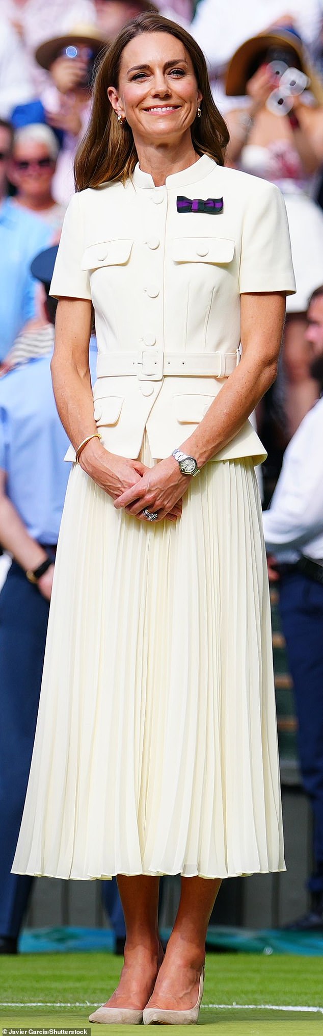 Kate Middleton, 43, opted to wear a custom Self-Portrait two-piece outfit as she attended the women's Wimbledon final on Saturday