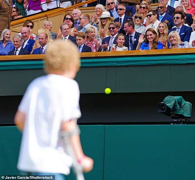 The Princess of Wales waved to cancer patient Ambrose Caldecott from south London as he performed the coin toss at Wimbledon on Sunday