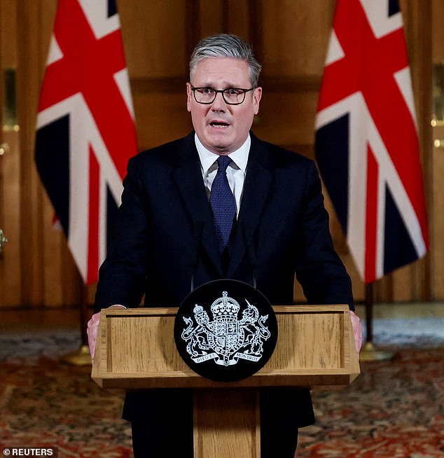 Keir Starmer delivers a statement inside No. 10 Downing Street declaring that Britain will recognise a Palestinian state unless Israel ends 'appalling' crisis in Gaza