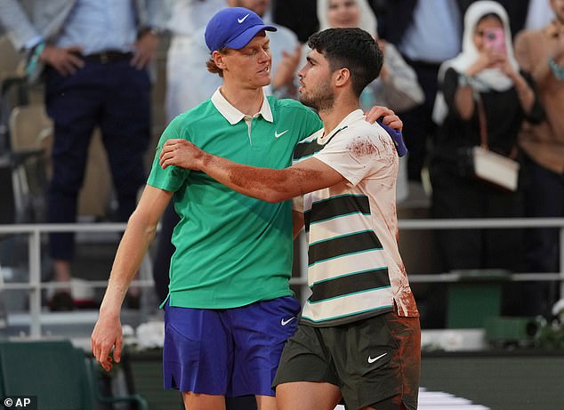 Defending champion Alcaraz is hoping to continue his winning streak against world No 1 Sinner, who is looking to avenge his French Open defeat (pictured together at French Open final last month)
