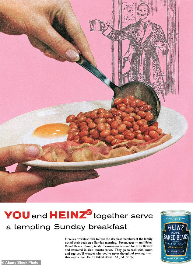 Pictured, a 1957 British advertisement for Heinz Baked Beans using a fry-up as a sales tactic