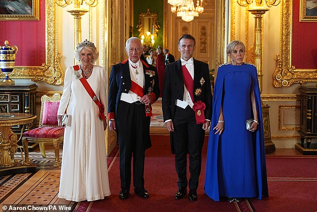 Pictured: Queen Camilla and King Charles with France's President Emmanuel Macron and wife Brigitte arriving for the State Banquet