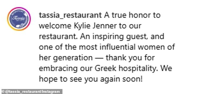 The Dendrinos Family gushed on Instagram: 'An inspiring guest, and one of the most influential women of her generation...She experienced a tasted of our Greek hospitality and cuisine. It was a true pleasure to host such a remarkable guest. We hope to welcome her again soon!'