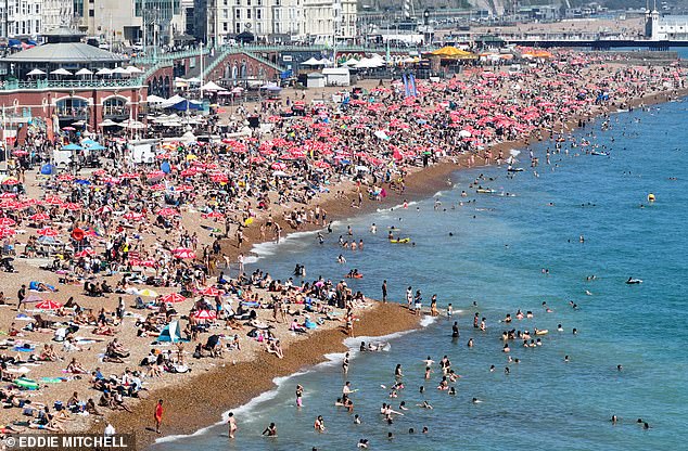 Average temperatures in England hit a balmy 16.9°C - the highest recorded since the series began in 1884. Pictured: Brighton beach on 30 June