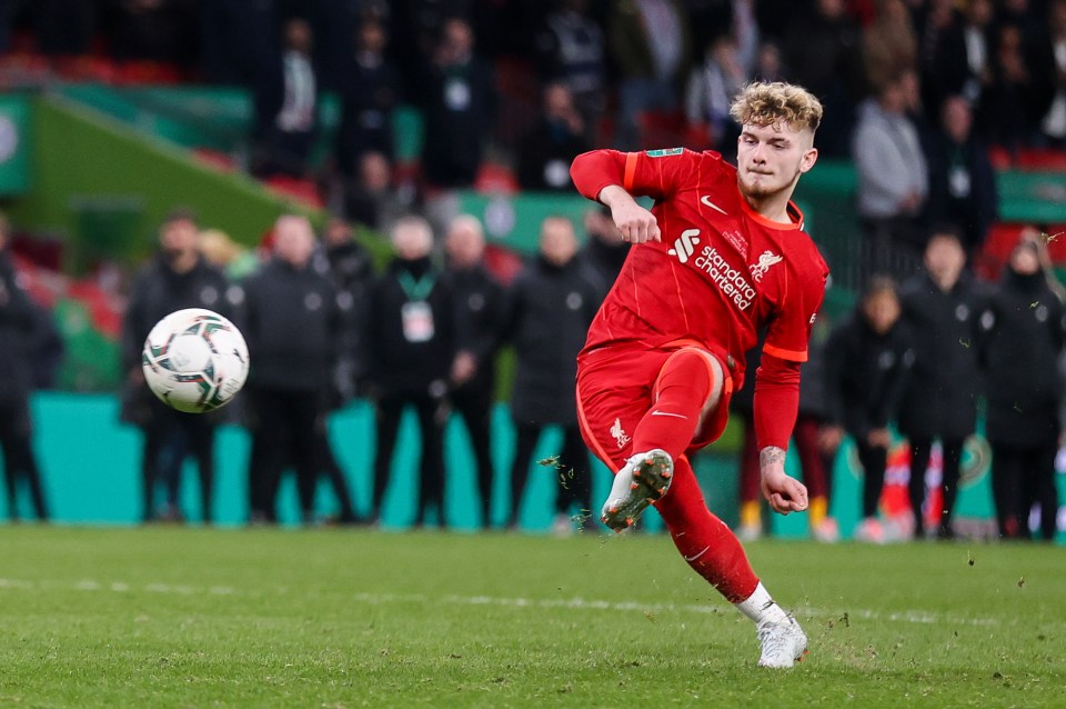 Harvey Elliott of Liverpool taking a penalty kick.