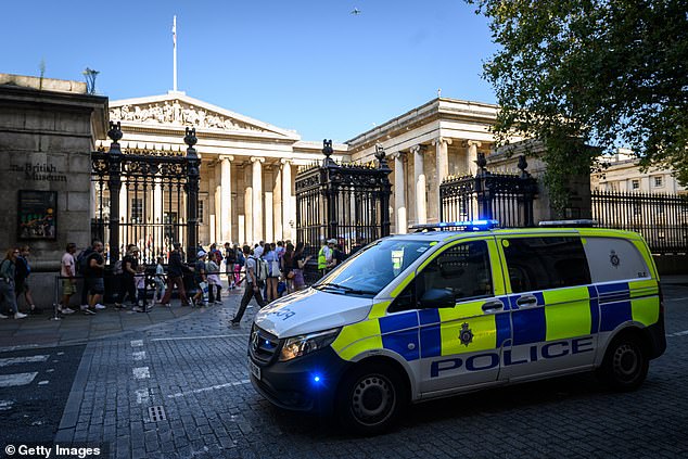 A police van outside the main entrance gates of the British Museum in London in August 2023