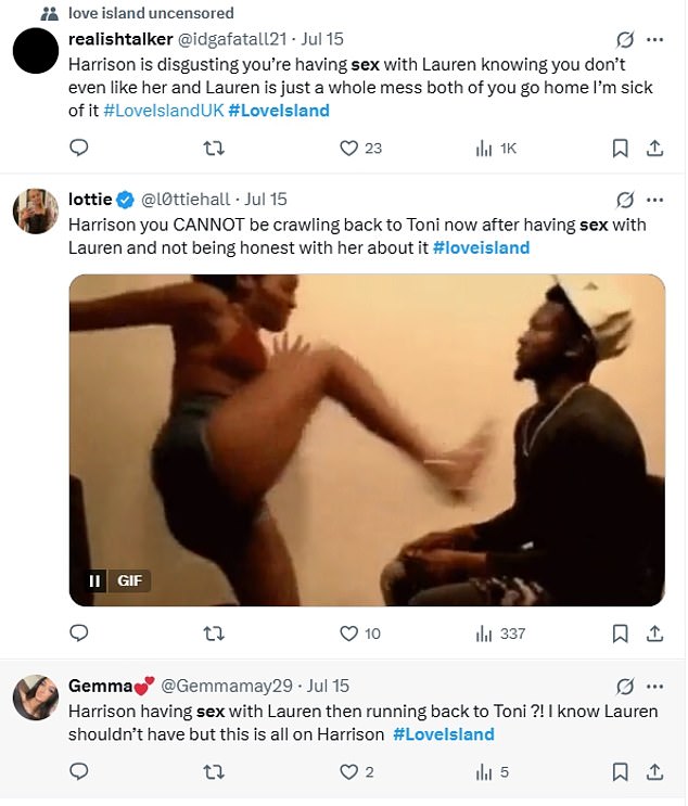 Taking to X, formerly Twitter, fans didn't hold back with their comments as they penned: 'Harrison is disgusting you¿re having sex with Lauren knowing you don¿t even like her and Lauren is just a whole mess both of you go home I¿m sick of it'