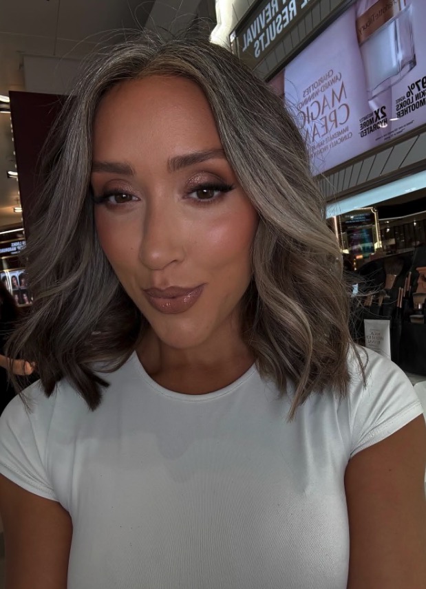 Shona Manderson with grey hair and makeup.