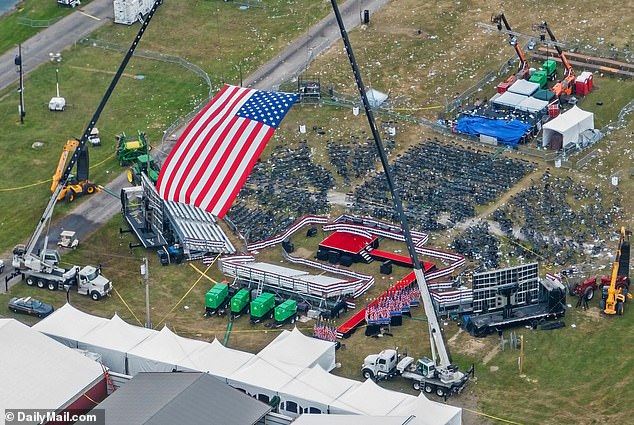 Thousands packed the fairgrounds in Butler, Pennsylvania, for Trump¿s rally - seen here from above in a sweeping aerial shot