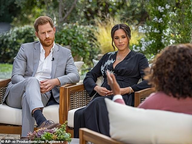 Harry and Meghan during their sit down interview with Oprah Winfrey, which many say only damaged their increasingly fraught relationship with the Royal Family further