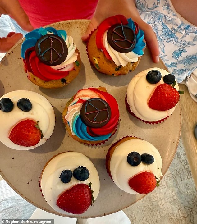 The carousel of images showcased a platter of handmade cupcakes, a close-up of one of the tasty treats and a third image of Meghan cozying up to Harry
