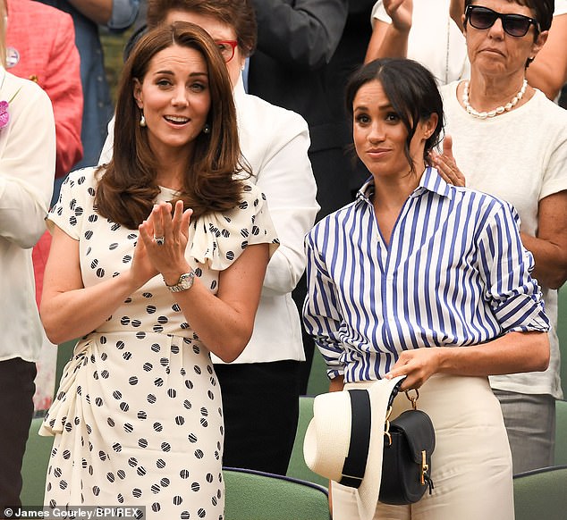 She had originally worn the blue candy stripe Ralph Lauren shirt to attend Wimbledon in 2018 with Kate (pictured together)