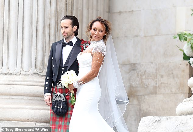Mel B cast aside her once wild girl reputation for her wedding last weekend, with most of the guests heading home by 7pm [pictured with new husband Rory]