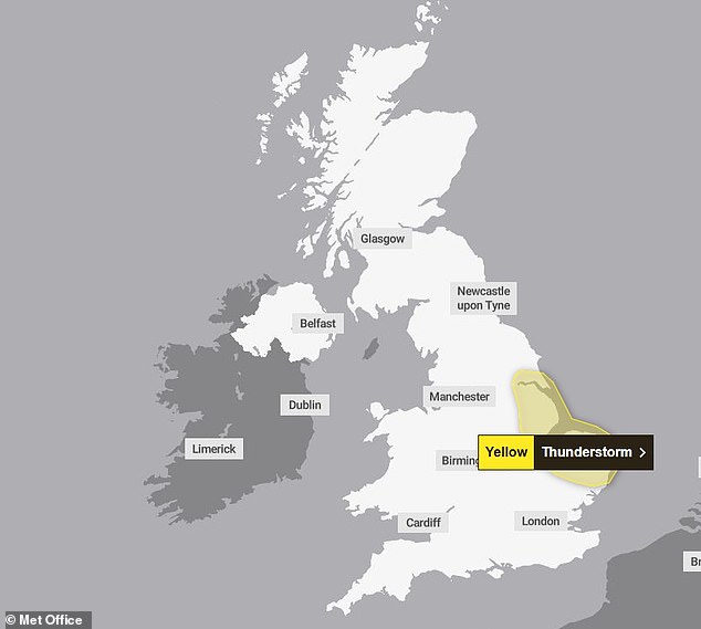The yellow weather warning will be in effect for 12 hours between 7am and 7pm on Sunday, July 6