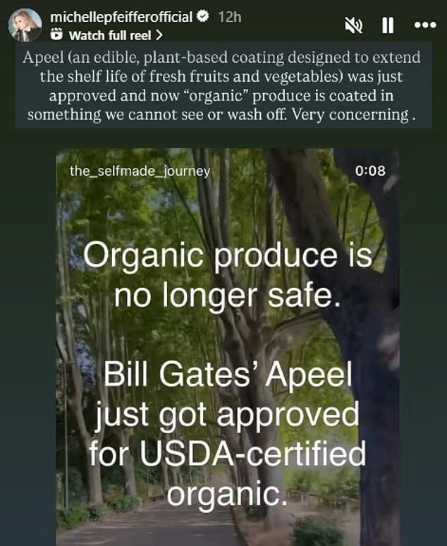 Pfeiffer's previous post is pictured, where she claimed that 'organic produce is no longer safe' due to Gates' efforts