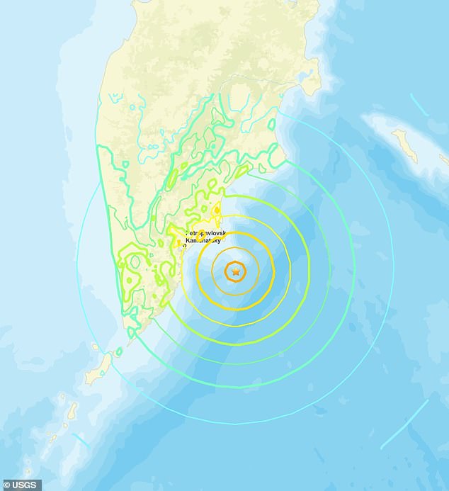 Preliminary data from the US Geological Survey shows the quake reached a magnitude of 8.0 and struck about 84 miles east-southeast of Kamchatska at around 7.24pm EST