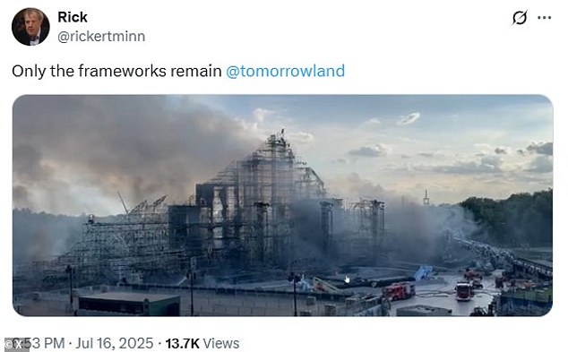 A photo of the aftermath of the blaze shows the stage's hollow framework