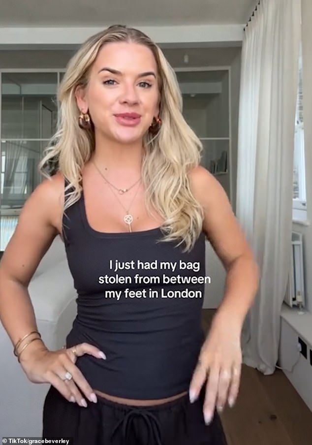 Grace Beverley, 28, was sat outside a popular Greek restaurant with her sister in the west London neighbourhood when a brazen thief sneakily swiped her bag from between her feet