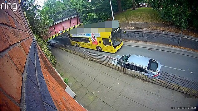 Shocking footage of the impact shows the roof of the No.100 service being torn straight off as it attempted to pass under the bridge which stands at just 11ft 6 inches high