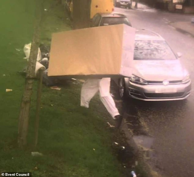 Litterbug Naiffisa Abba was snapped leaving the bed and other trash at a notorious fly-tipping spot in Queensbury Park, north-west London