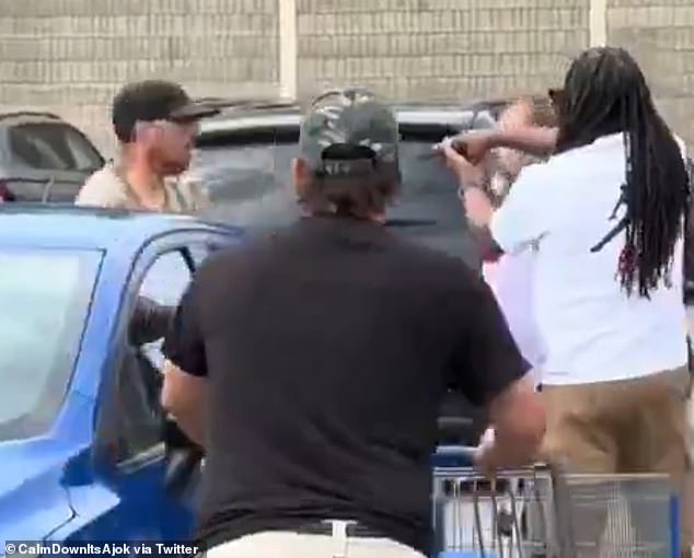 He looked stunned as the tables turned on him. Another man was armed with a shopping cart as he helped to corner Gille