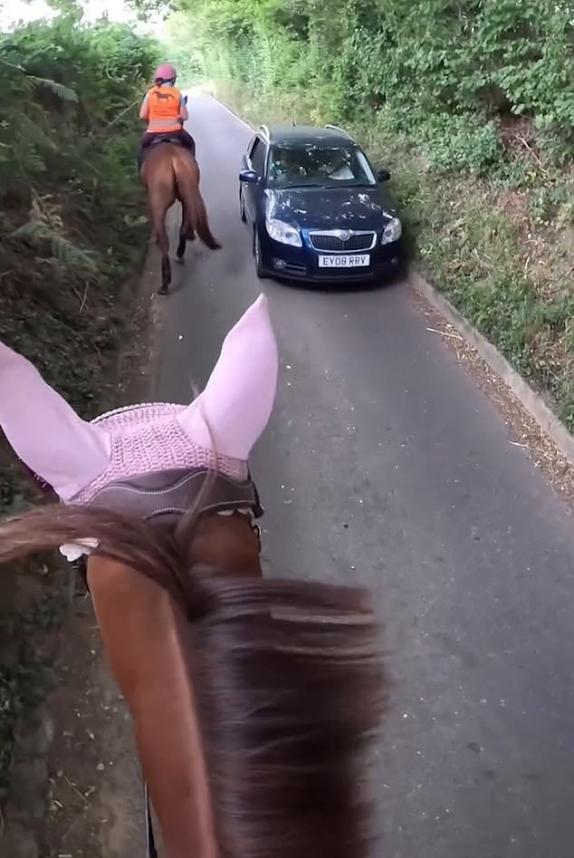 The first horse gets spooked by the vehicle which appeared to be less than a metre away as it went past with a child in the backseat