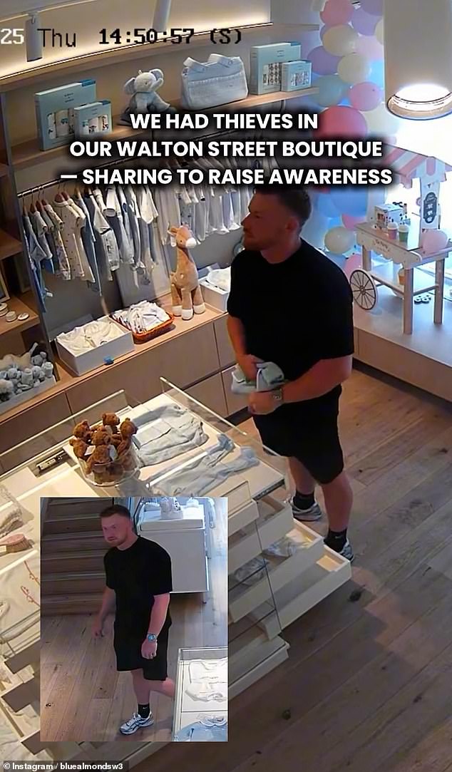 A man is seen discreetly stuffing three pieces of blue clothing down his shorts while pretending to pick dropped items off the floor at Blue Almonds boutique in London