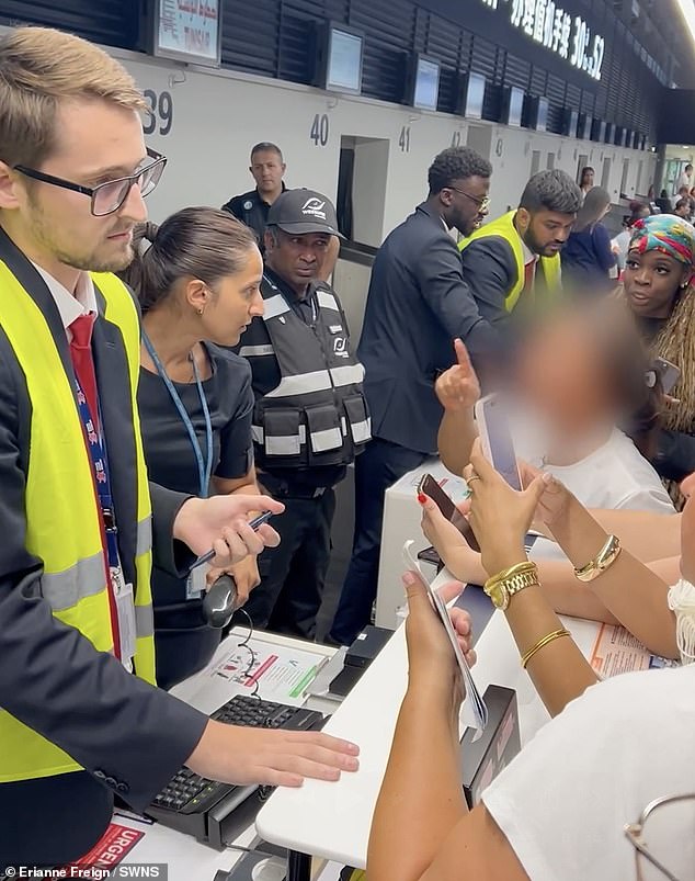 Pictured on the right with her face blurred, the woman clashed with staff before being detained