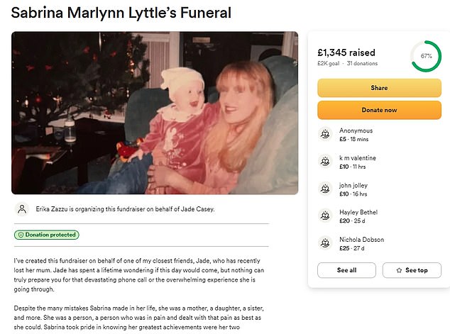 More than £1,300 was raised online, with the money going towards Sabrina's funeral costs as well as the drug and alcohol support service Horizon