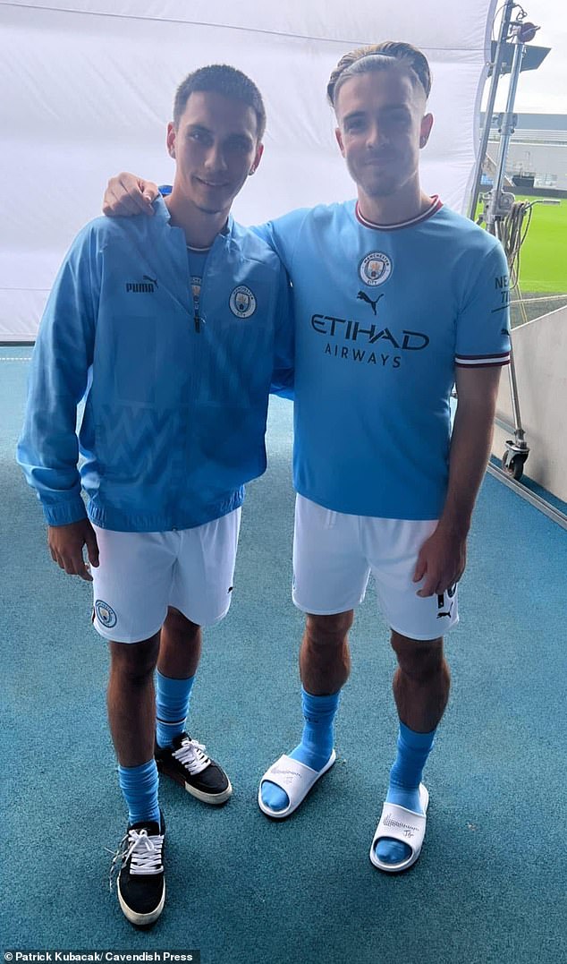 Patrick Kubacak, 22, with Man City star striker Jack Grealish at the Etihad Stadium