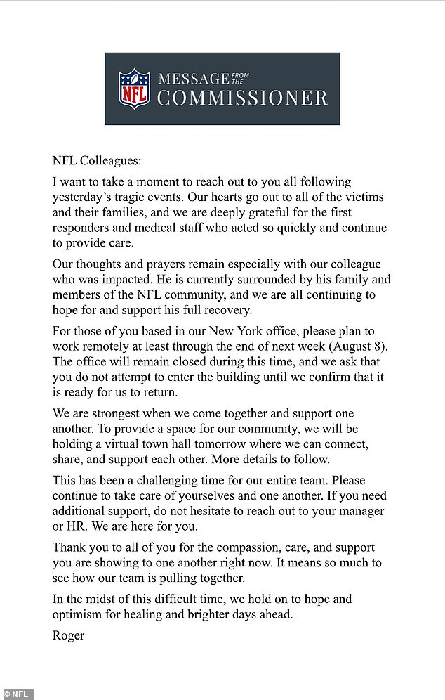 Roger Goodell penned a letter to NFL staff after this week's fatal shooting in Manhattan