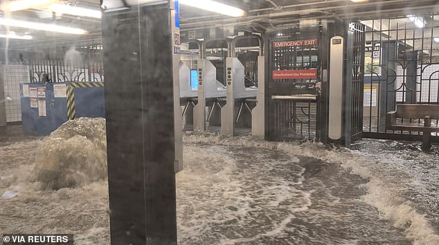 Subway stations in New York were flooded during a torrential downpour on Monday evening