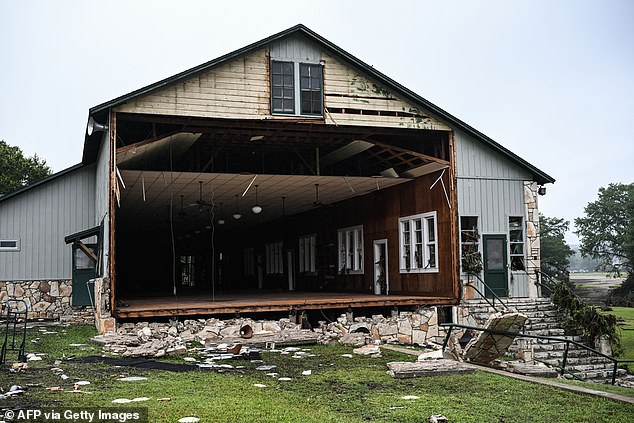 A view of a damaged building at Camp Mystic, the site of where nine girls lost their lives after it was deluged by raging flood waters