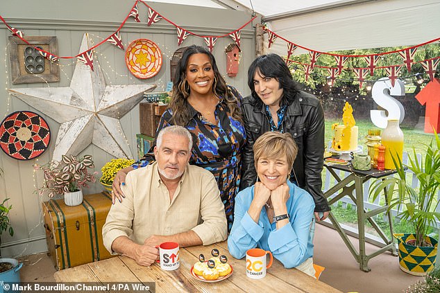 Celebrity Bake Off is heating up - and a brand new judge is reportedly joining the tent (pictured Paul Hollywood, Alison Hammond, Noel Fielding, and Caroline Waldegrave in January)