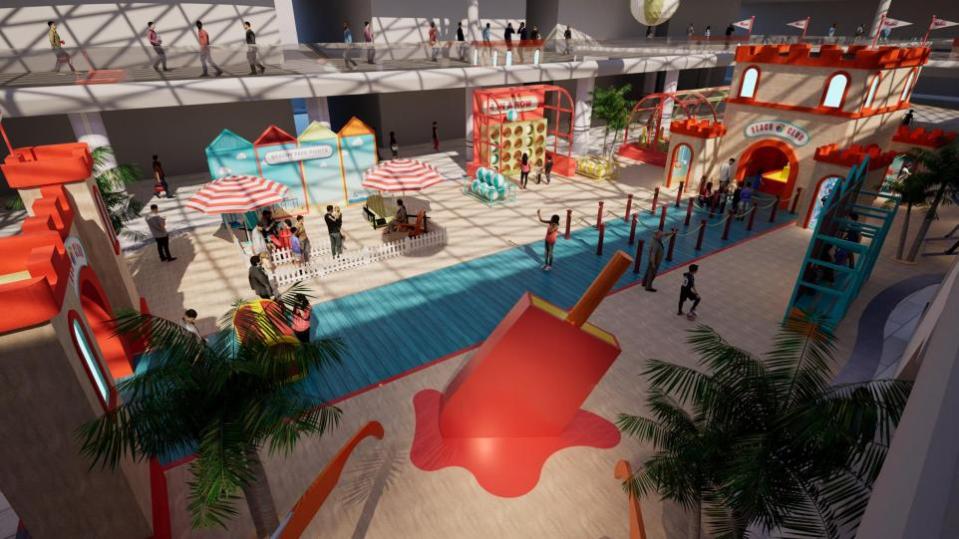 Illustration of a beach-themed play area in a shopping mall.