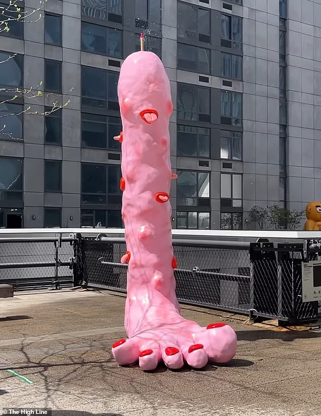 The 10-foot 'Foot Fountain (pink),' which is slated to grace Manhattan's High Line Park through May 2026, is composed of a foot at its base that extends upward in all its phallic glory