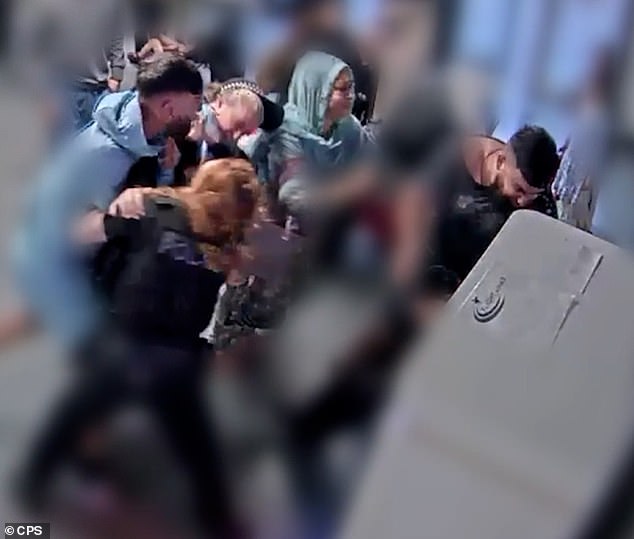 The dramatic moment when two brothers allegedly assaulted police officers as they tried to arrest them at Manchester Airport last summer was shown to a jury today