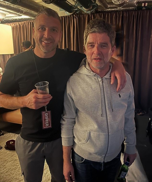 Gangster Robert Kelbie (left), 41, who is a convicted fraudster, was snapped grinning broadly as he rubbed shoulders with the likes of Noel Gallagher of Oasis (right)