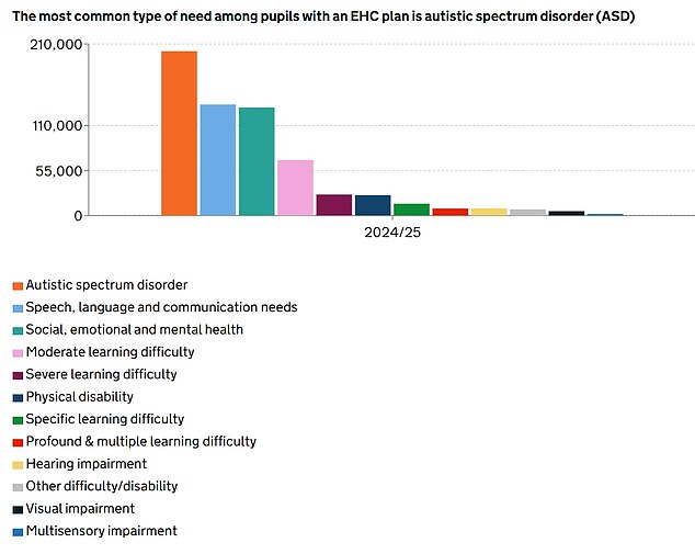 The most common type of need for those with an EHC plan is autistic spectrum disorder, DfE said