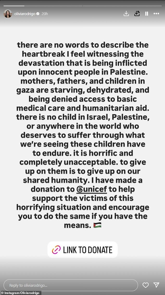 'There are no words to describe the heartbreak I feel witnessing the devastation that is being inflicted upon innocent people in Palestine,' Rodrigo wrote, urging her fans to donate to UNICEF