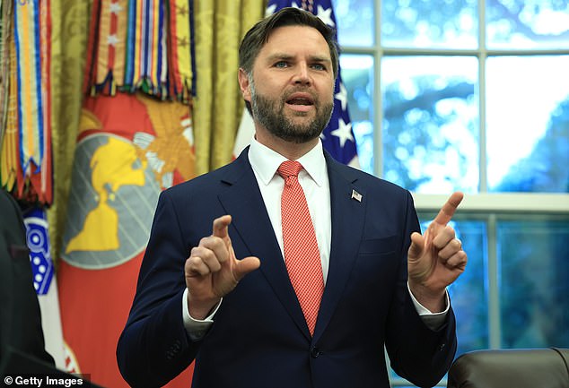 Vice President JD Vance (pictured) was named as the hypothetical president in a nightmare scenario where California sparks a second Civil War