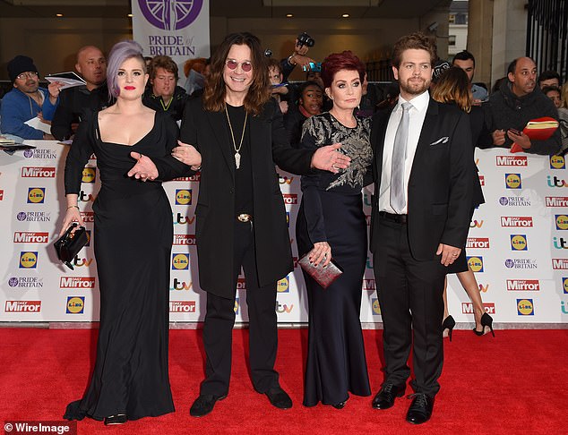 He is survived by his wife Sharon and his six children. He shares three kids - Aimee, 41, Kelly, 41, and Jack, 40, with Sharon ; pictured L-R Kelly, Ozzy, Sharon, Jack in 2015
