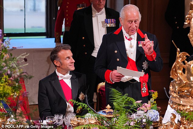 President Emmanuel Macron with King Charles at the banquet at Windsor Castle this week